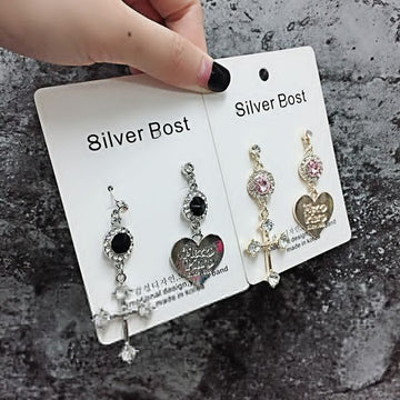 Vintage Chic Silver Color Crystal Cross Irregular Dangle Earrings For Women Fashion Letter Heart Drop Earring Jewelry Accessory daiiibabyyy